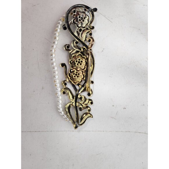 Vintage Brass Gold Tone Floral Design Brooch Pin With Beads Mid Century Modern - Picture 3 of 6